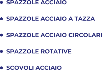 	SPAZZOLE ACCIAIO 	SPAZZOLE ACCIAIO A TAZZA 	SPAZZOLE ACCIAIO CIRCOLARI 	SPAZZOLE ROTATIVE 	SCOVOLI ACCIAIO