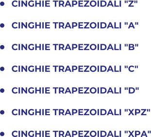 	CINGHIE TRAPEZOIDALI "Z" 	CINGHIE TRAPEZOIDALI "A" 	CINGHIE TRAPEZOIDALI "B" 	CINGHIE TRAPEZOIDALI "C" 	CINGHIE TRAPEZOIDALI "D" 	CINGHIE TRAPEZOIDALI "XPZ" 	CINGHIE TRAPEZOIDALI "XPA"