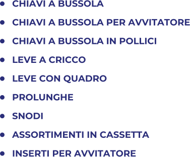 	CHIAVI A BUSSOLA 	CHIAVI A BUSSOLA PER AVVITATORE 	CHIAVI A BUSSOLA IN POLLICI 	LEVE A CRICCO 	LEVE CON QUADRO  	PROLUNGHE 	SNODI 	ASSORTIMENTI IN CASSETTA 	INSERTI PER AVVITATORE